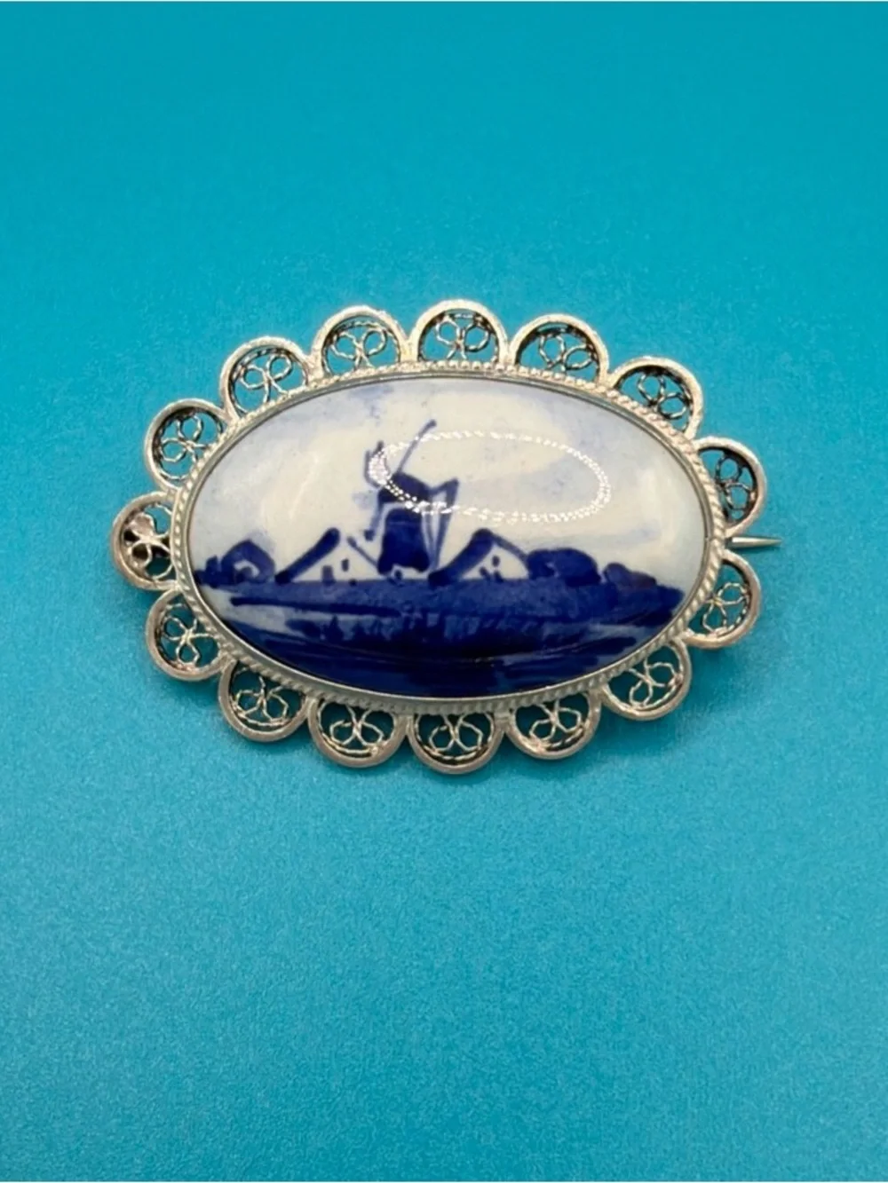 Vintage Blue Delft Holland (Signed) • Porcelain & Silver Filigree Brooch